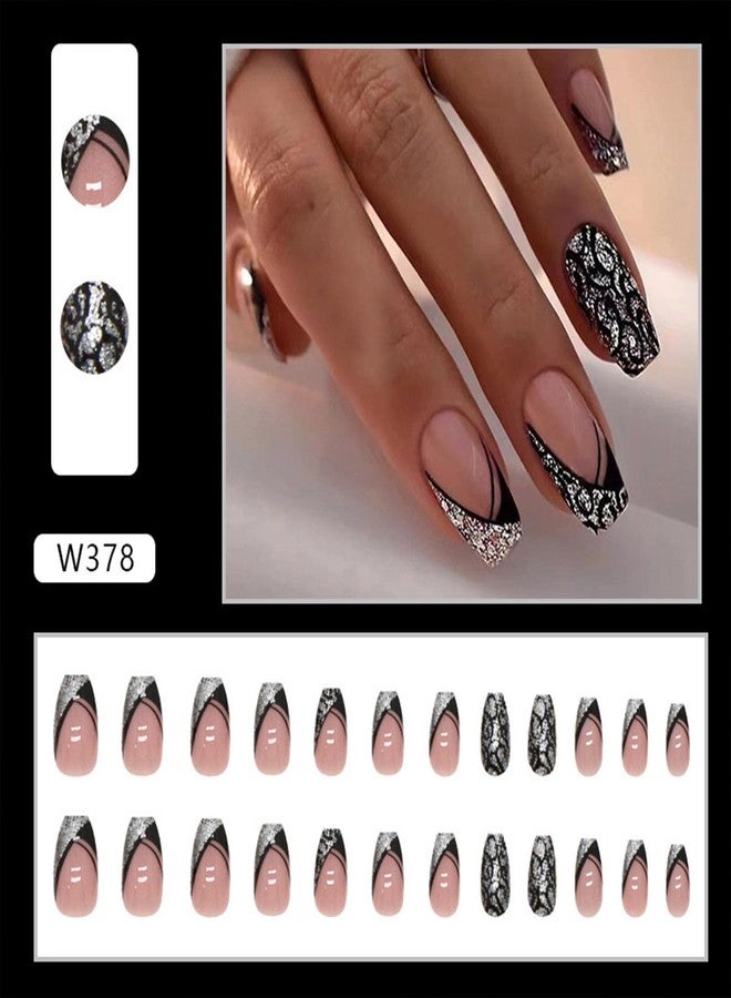 TOGZOM Black French Tip Press on Nails Medium Coffin Fake Nails Silver Glitter False Nails with Design Leopard Glue on Nails Short Acrylic Nails Stick on Nails for Women Manicure 24Pcs - Image 4